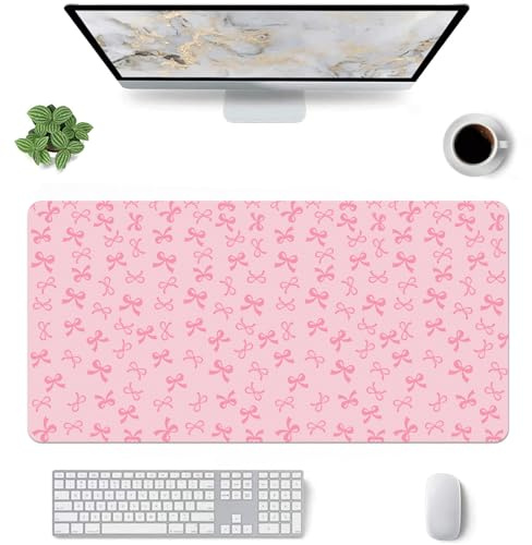 Kawaii Schreibtischunterlage mit rosa Schleifen, groß, erweiterte Gaming-Tastatur-Mauspad, rutschfestes, weiches rosa Leder für Büro/Zuhause/Arbeitszimmer