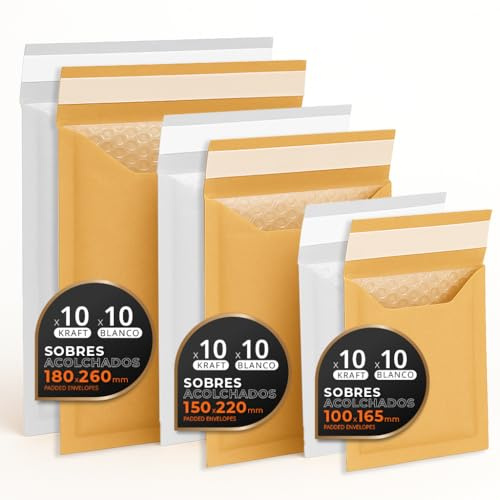 Vadderade postkuvert, flera storlekar (3 storlekar), kraft- och vitfärger – självhäftande förslutning – papperskuvert med inre bubbla, perfekta för försändelser, S-pack, kontorsmaterial (60 påsar)