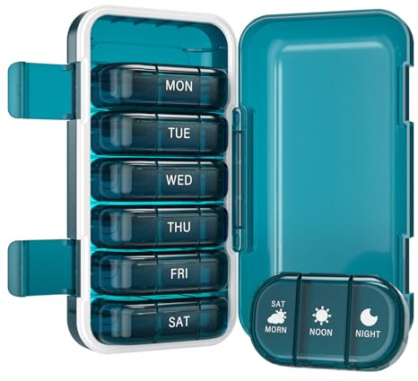 Joinice Weekly Pill Organizer 3 Times a Day with Morn NOON Night Sections, BPA-Free, Portable & Moisture-Proof for Pills, Vitamins, Supplements (3x7 Blue)