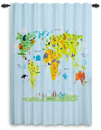 ggaimwf 107x160cm Mappa Effetto lino Tenda Cartone animato Verde Mappa Animali carini Tema Nautico Filtro della Luce Tende per Finestre Bambine e Bambini Cameretta Camera da Letto Soggiorno,1 pannello