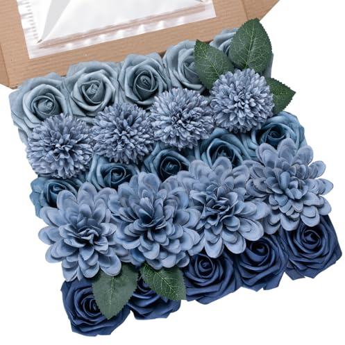Artificial Flowers Combo Box Dusty Blue Fake Flower for Wedding Decorations | Mix Silk Dahlia Rose Flowers with Stem for DIY Bridal Bouquet, Table Centerpiece, Floral Arrangement, Baby Shower Decorations