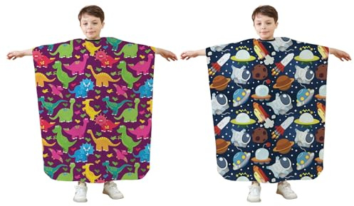 GlamRays Kinder Haarschneideumhang 2er Set 100x140cm Wasserdicht Antistatisch Verstellbar mit Dinosaurier und Weltraum Raketen Motiv für Jungen und Mädchen