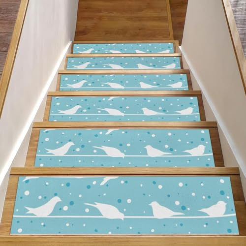 RODAILYCAY Confezione da 15 gradini antiscivolo per gradini in legno, tappeti per scale, uccelli su filo in inverno blu per scale interne, tappetini di sicurezza per anziani, bambini e cani