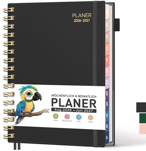 RETTACY Kalender 2026 2027 - Wochenplaner Notizbuch A5, Schulplaner 26/27, Terminplaner für Schule, August 2026-Juli 2027 planer, Studium & Alltag (Schwarz)