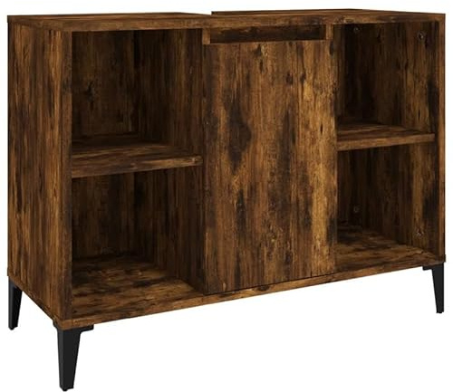 Eleganz Armario para debajo del lavabo de roble ahumado, 80 x 33 x 60 cm, juego de muebles de baño de madera y metal, moderno y duradero para baño, armario bajo lavabo con diseño elegante