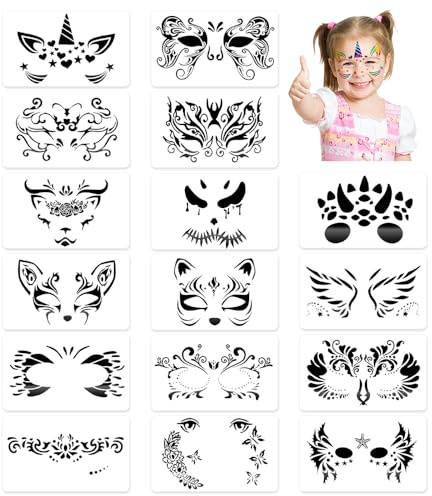 HMCEY 16 Stück Kinderschminke Schablonen Gesicht,Stencil Schablonen Malen,Face Paint Stencils Kids,Vorlagen Kinderschminken Tattoo Wiederverwendbar,Körperbemalungsschablonen für Party, Karneval, DIY