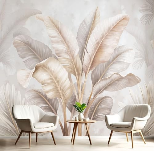 Carta da parati fotografica Beige Piante Foglie, murale grande sfondo per TV, Carta da parati Foglie Di Banano Tropicali tessuto non tessuto, per soggiorno camera da letto 200 x 140 cm