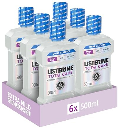 Listerine Total Care Extra Mild Mundspülung Alkoholfrei, 6 x 500 ml | Extra milde Mundspülung ohne Alkohol, mit ätherischen Ölen & Fluorid, 6 in 1 Wirkung mit Kariesschutz und Plaque-Reduktion