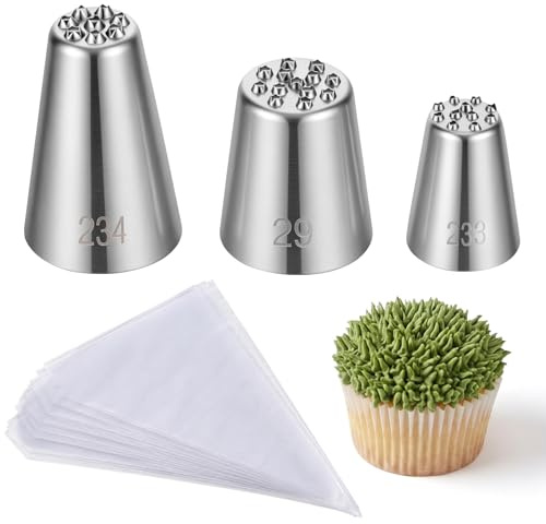 3 Pcs Grass Piping Tips Cake Decorating Tips Stainless Steel Frosting Icing Tip Large Icing Nozzles Tip Decoration Tool with 10 Pcs Piping Bags for Cupcakes Cookie Cake DIY Baking Buttercream Pastry