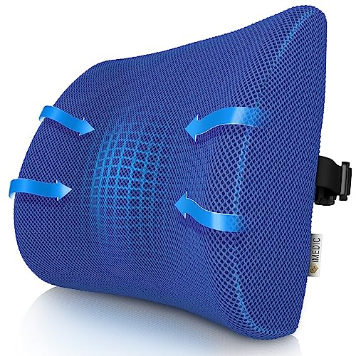 Medipaq 3D Mesh Back Lumbar Support Cushion with Adjustable Elastic Strap - Back Support for Office chair - Lumbar Support Cushion for Car - Back Support Cushion with Air Circulation - Blue