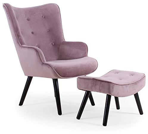 Menzzo Fauteuil Scandinave Lylou avec Pouf Velours Rose – avec Repose-Pieds, Dossier Haut et Pieds en Bois – Assise Confortable pour Salon, Chambre ou Coin Lecture – L70 x P77 x H98 cm