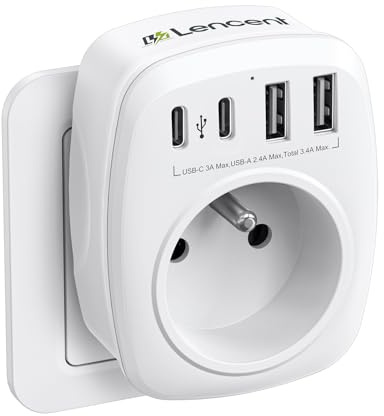 LENCENT Prise Secteur Multiple, Chargeur Multiprises avec 1 Sortie AC, 2 USB C et 2 Ports USB, Murale Electrique Compatible avec iPhone/iPad, Idéal pour Chambre Bureau Domicile 4000W