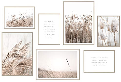 Hyggelig Home Premium Poster Set - 7 Gräser Bilder in Landschaft mit Blumen - Wandposter Boho Scandi - Set Beige ohne Rahmen