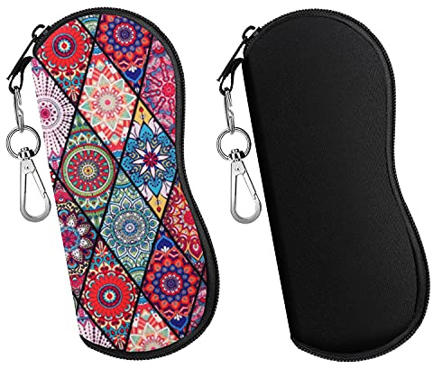 MoKo Brillenetui, 2 Stück Leicht Neopren Reißverschluss Sonnenbrille Tasche mit Gürtelclip für Brillen Rahmen Tragbare Case für Schlüssel Bleistifte Karten, Schwarz+Rautenförmig Stechapfel