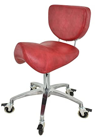 VAKON SALON - Premium Sattelhocker rot mit Bremse und Lehne, Sattelstuhl für Rückenentlastung, Rollhocker höhenverstellbar von 50-65 cm, Praxishocker, Bürohocker