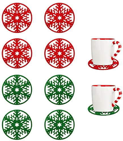 Sottobicchieri natalizi, 10 sottobicchieri natalizi in feltro di neve per bevande, sottobicchieri per vino, tè, caffè, per Natale, vacanze, cena e tavola (rosso e verde)