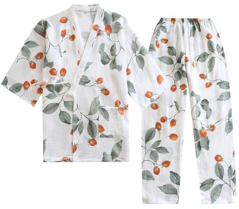 Traje de Pijama Puro de crepé de algodón Suave para Mujer, Pijama Tipo Kimono japonés, Talla XL-C6