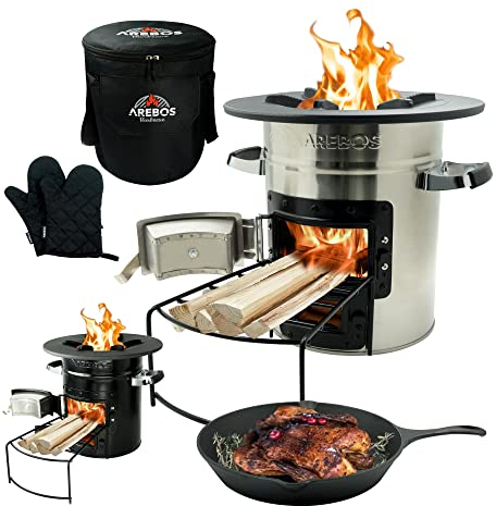 Arebos Forno a razzo con padella in ghisa con borsa per il trasporto e guanti | Dutch Oven BBQ | Fornello portatile da campeggio a legna | Cucina all'aperto | Rocket Stove | Barbecue da campeggio