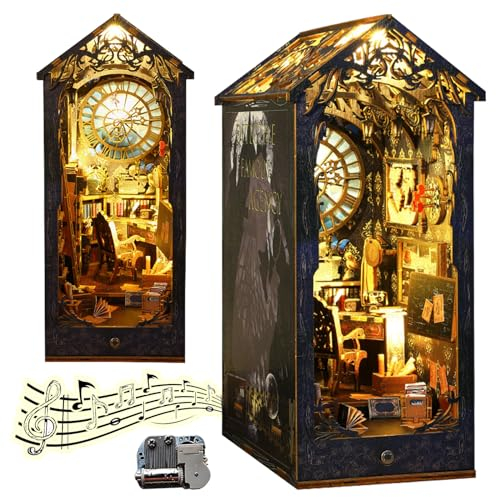 Book Nook DIY Kit, Puppenhäuser Miniatur Haus Kit, Bibliothek Bücherregaleinsatz Kit with LED Sensor Light, Musikwerk, Modellbausätze für Erwachsene zum Bauen (Detective Agency)