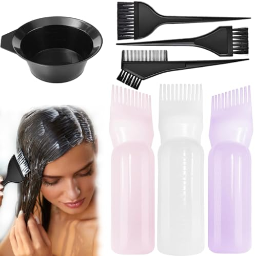 3 Stück Applikator Flasche Haare + 4 Haarfärbepinsel - Haarfärbewerkzeug Set, Applikator Flasche Haare, Hair Oil Applicator Bottle, Root Comb Applicator Bottle, Applikator Bürstenspitze Werkzeuge
