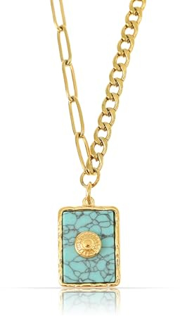 Made by Nami Collar Dorado Mujer Diseño Asimétrico con Colgante Turquesa Cadena Acero Inoxidable Ajustable 40+5cm