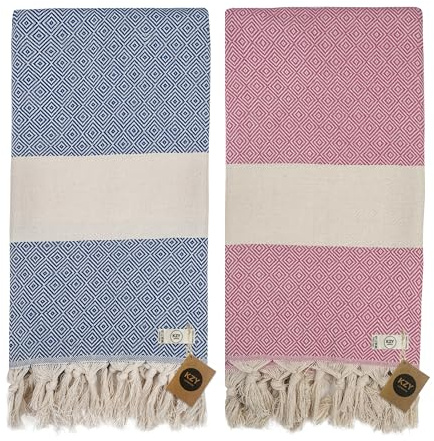KZY LONDON Beach Towel 2 Pack Large Turkish Beach Towels for Camping, Swimming, Gym - Quick Dry, Absorbent, Lightweight,%100 Cotton 100x180cm Hammam Towels for Adults (2 Set, Blue & Fuchsia)