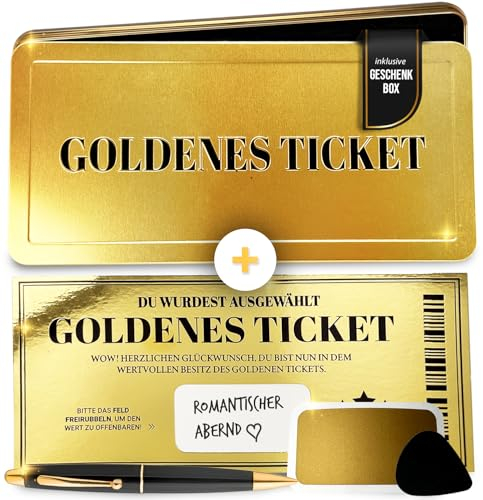 Das Goldene Ticket | Personalisierbarer Gutschein mit Rubbelfeld zum Selbstausfüllen | Vergoldet inkl. Geschenkbox | Geschenk für Frauen, Familie & Freunde | Geburtstag, Weihnachten, Reisen