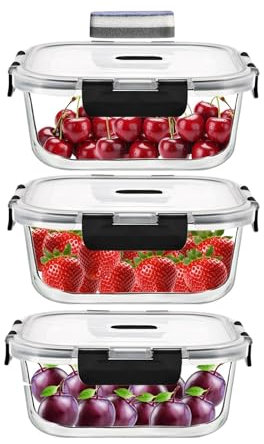 LNWSN Contenitori Ermetici per alimenti Vetro con coperchio - Ideale per Microonde, Forno, Frigo e Freezer - Contenitore Quadrato Meal Prep e Alimenti piccoli - Set Premium di 3 senza BPA - 800ml