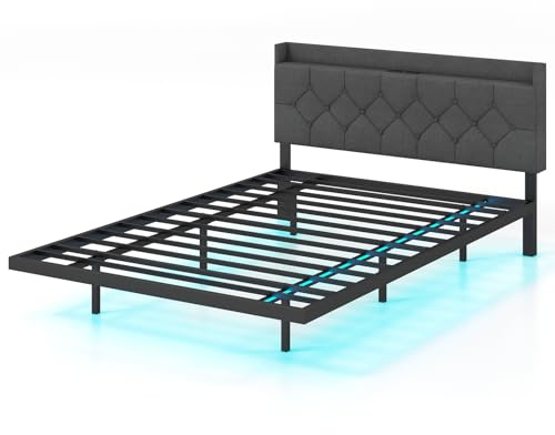 LIFEZEAL Flytande sängram med LED-remsa, höjdjusterbart sänggavel med elektriska uttag och förvaring, intelligent kabel/fjärrkontroll, belastning 300 kg (140 x 200 cm)