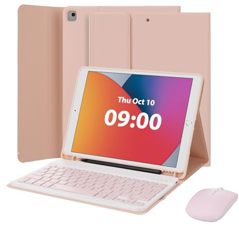 MAYPHY Funda de teclado con mouse para iPad de 9ª/8ª/7ª generación de 10.2 pulgadas, iPad Air 3/Pro de 10.5 pulgadas, funda de teclado desmontable, con soporte para bolígrafo, mouse inalámbrico