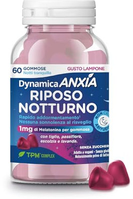 Dynamica ANXIA – Riposo Notturno | 60 gommose | 60 notti tranquille | Rapido addormentamento | 1mg di Melatonina | Buon sonno | Gusto lampone | Senza zucchero, glutine e lattosio | Adatto a vegani