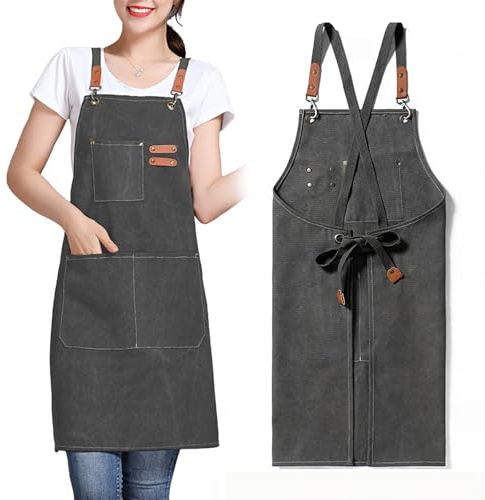 GHKLNY Unisex-Schürzen mit großen Taschen, Baumwoll-Leinen, Kreuzrücken, strapazierfähig, verstellbar, Arbeitsschürze, Größe Kinder bis Erwachsene