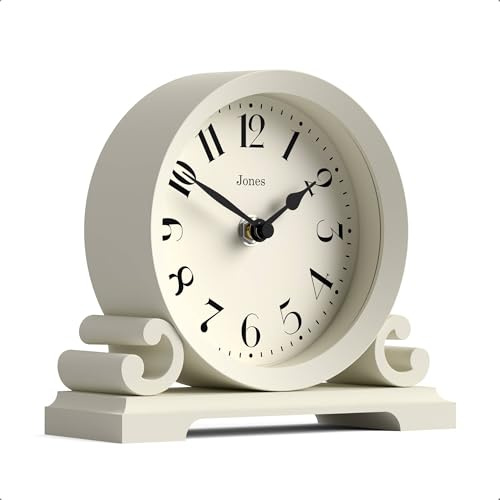 JONES CLOCKS® Saloon Reloj de repisa | Diseño de Doble pergamino Tradicional pequeño | Crema Pálida | Estilo clásico contemporáneo para Escritorio, Mesa, estantería o mesilla