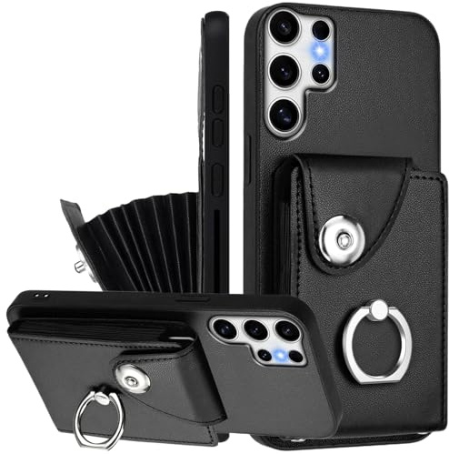 Fofvccv Wallet Case with 7 Card Holder for Samsung Galaxy S25 Ultra, Premium PU Leather Magnetic Clasp Flip Purse for Women Men with 360°Rotation Ring Stand for Samsung S25 Ultra 5G, FQ Black