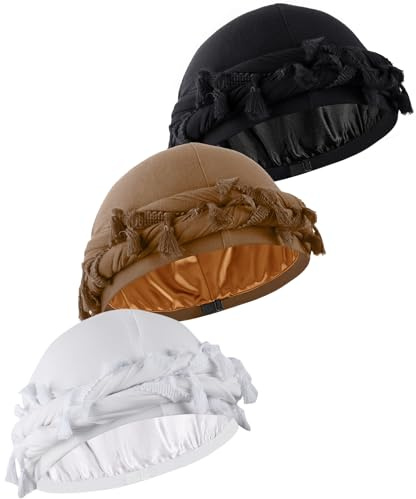 Babalet Halo Turban for Men Women Satin Lined Durag Head Wraps Scarf Skull Cap Pre-Tied Tassel Beanie Vintage Twist Sleeping Bonnet Headwraps Chemo Hair Loss Hat, Solid Black,Khaki,White,3PCS