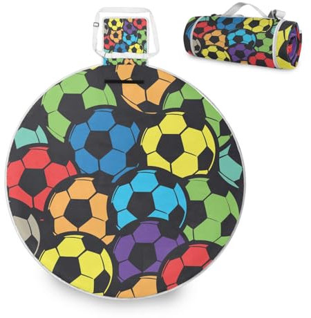 Mnsruu Große Picknickdecke, buntes Fußball-Muster, wasserdicht, rund, Picknickmatte, tragbarer Teppich, Outdoor, für Strand, Camping, Park, Reisen, 148 cm