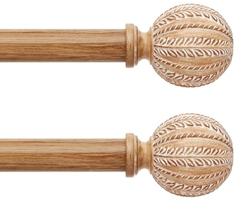 JRZOO Gardinenstange aus Holz für Fenster, 121,9 bis 213,3 cm, dekorativ, 2,5 cm Durchmesser, verstellbar, rustikale Gardinenstangen, robuste Boho-Holzmaserung, Endstücke, Größe: 76,2-224,4 cm, 2