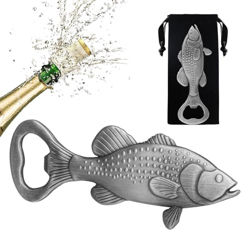 LKKCHER Bass Beer Bottle Opener, Fishing Gifts for Fisherman, Bass Fish Decoration, Birthday Fathers Day Christmas Gifts for Men Women Dad Fisherman, Silver Beer Accessories with Bag