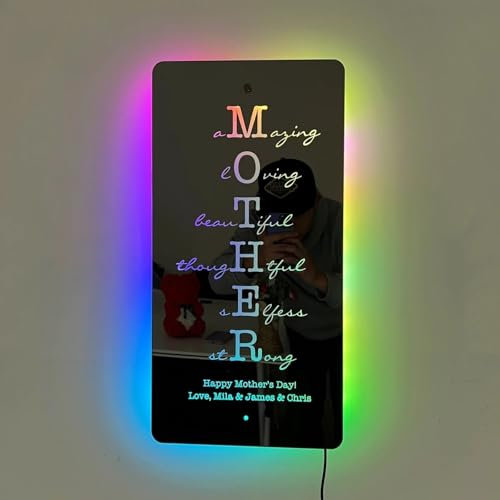 Personalisierbares Namensspiegelschild, benutzerdefinierte LED-beleuchtet, Affirmationsspiegel-Lichtschild, Geschenk für Mutter, Oma, Muttertag, Jahrestag, Weihnachten, Geburtstag (Mutter, 50 x 25 cm)
