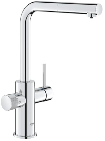 GROHE Blue Pure Minta – 3 Way Pull Out Water Filter Tap (High L-Spout, Swivel Area 360°, Dedicated Filter Handle, 28mm Ceramic Cartridge, 3/8 Inch Tails, Needs a Filter Starter Set), Chrome, 30590000