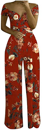 TURWXGSO Wedding Jumpsuits for Women UK Elegant One Shoulder Floral Printed Dungarees High Waisted V Neck Rompers Plain Dressy Casual Full Length Wide Leg One Piece Outfits for Party Vacation