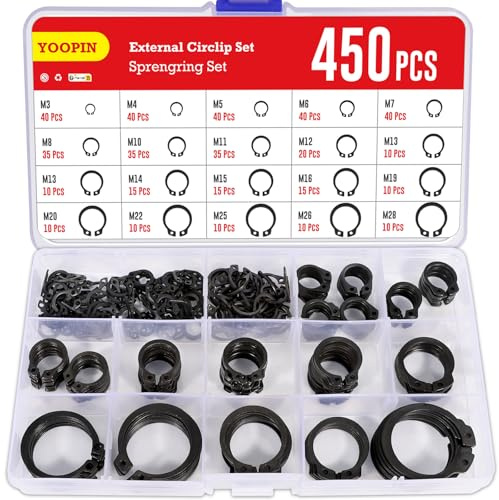 YOOPIN Kit assortito da 450 anelli elastici in acciaio, clip a C in acciaio (19 misure), set di anelli elastici M3-M28, anelli di sicurezza esterni per il fissaggio di assi, cuscinetti e parti mobili