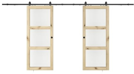 Vente-unique - Porte coulissante double avec systéme en applique en bois et verre trempé - 3 fenêtres - 2 x H205 x L93 cm - ACOSTA II