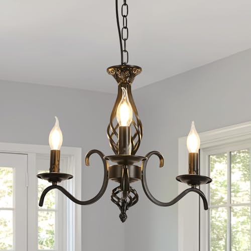 DAXGD Kronleuchter im Traditionellen Landhausstil, Vintage E14 Höhenverstellbarer Kerzenleuchter aus Schmiedeeisen, 3 Lichter Deckenleuchte Classic für Wohnzimmer Schlafzimmer Küche Esszimmer, Schwarz