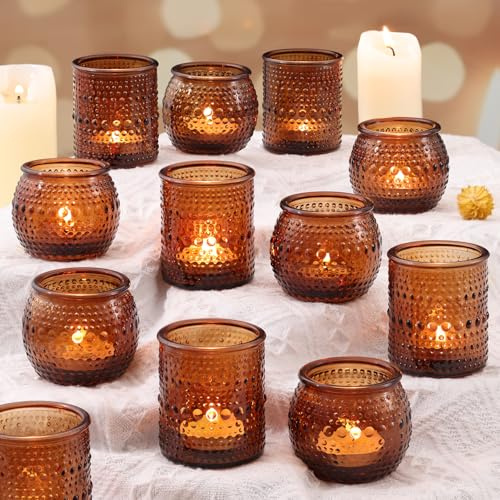 16 Pcs Assorted Amber Candle Holders- Vintage Candle Holder for Rustic/Boho Wedding Table centerpieces, Bridal Shower, Baby Shower Decoration