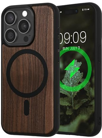 kwmobile Hülle für Apple iPhone 15 Pro Handyhülle - Cover aus Holz und TPU - Kompatibel mit MagSafe - Case in Dunkelbraun Schwarz Holz