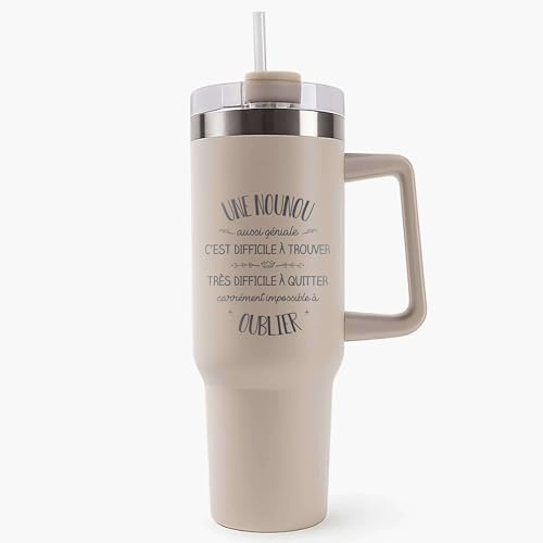 Mug Isotherme 1,2L - Une Nounou aussi géniale Beige – Bouteille avec Anse, Paille et Couvercle – Idée Cadeau Gourde Personnalisée