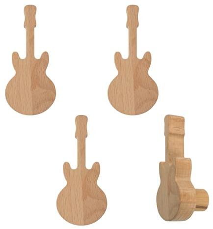 MOROBOR 4 Stück Gitarrenförmige Holzknöpfe, Buchenholzgriffe mit einem Loch, natürliche Holzschrankgriffe, Küchenschrankgriffe für Kommode mit Aufklebern