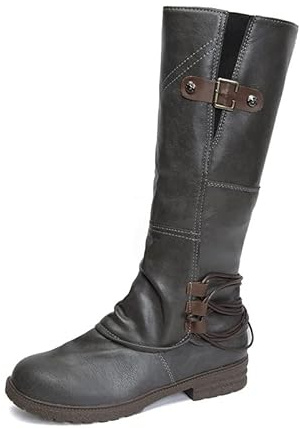 Generisch Stivali in pelle da donna neri piatti,Stivali occidentali da donna marrone al ginocchio,Stivali antiscivolo in tinta unita con chiusura lampo impermeabile, grigio., 38 EU