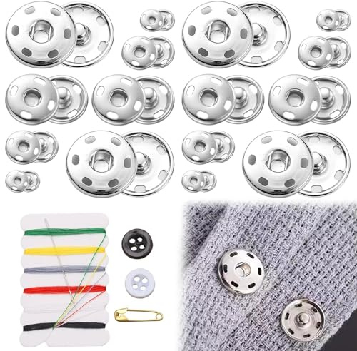 16 Paar Druckknöpfe, Druckknöpfe zum Annähen, MetallDruckknöpfe mit Nähset, Verschlussknöpfe für Geldbeutel, Handtasche, Kleidung, Blusen, Nähreparatur, DIY Handwerk, 4 Größen (7/10/15/21mm) (Silber)
